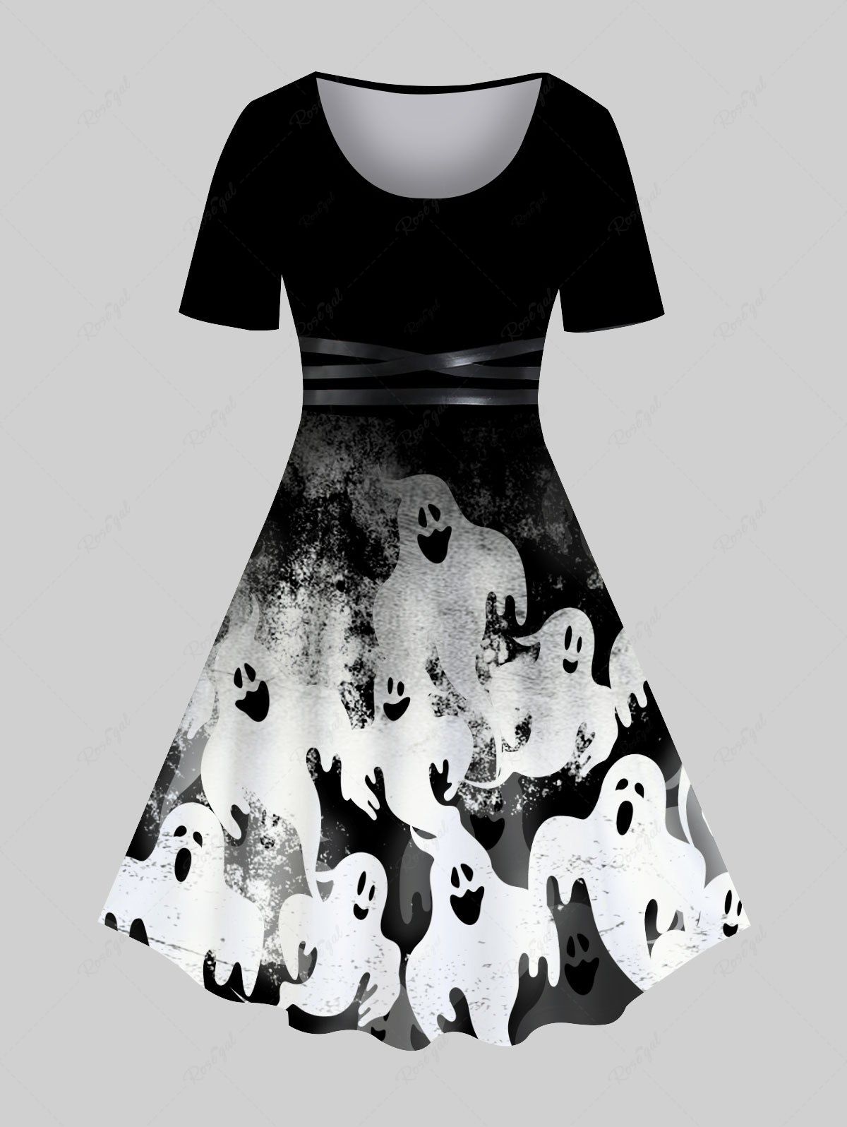 Robe Ligne A D'Halloween Vintage à Imprimé 3D Fantôme Croix Noir 