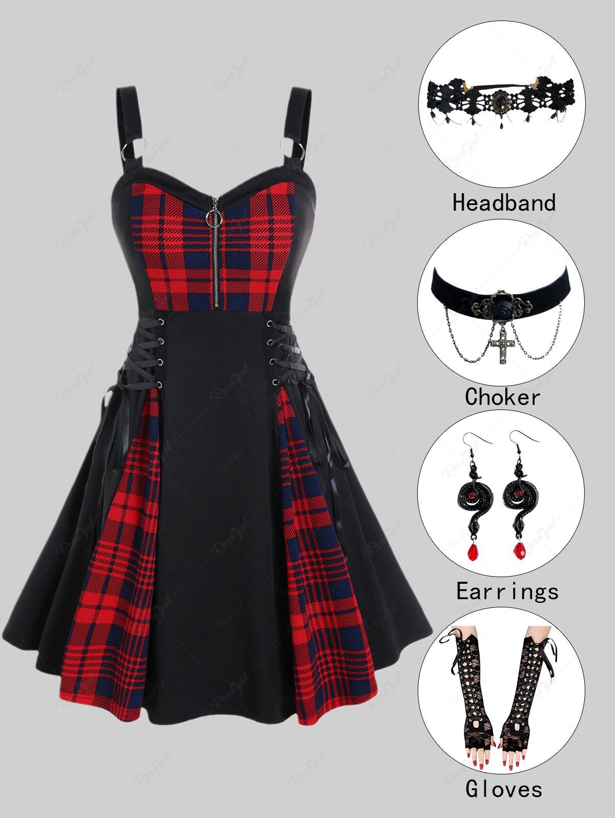 Best Gothic Lace Up Plaid Half Zipper Fit and Flare Dress and Accessory  