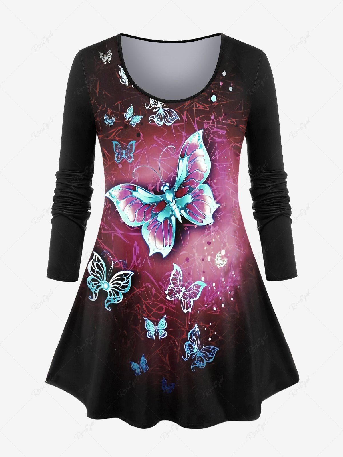 Buy Plus Size Long Sleeve Butterfly Print T-shirt  