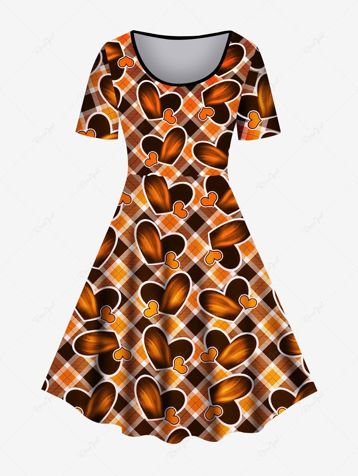 Fancy Plus Size Heart Plaid Print Fit and Flare Dress  
