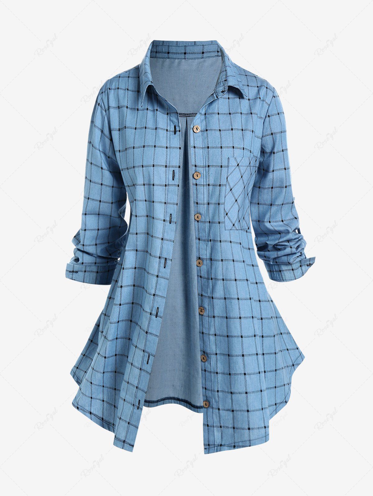 Discount Plus Size Plaid Roll Tab Sleeves Tunic Shirt with Pocket  
