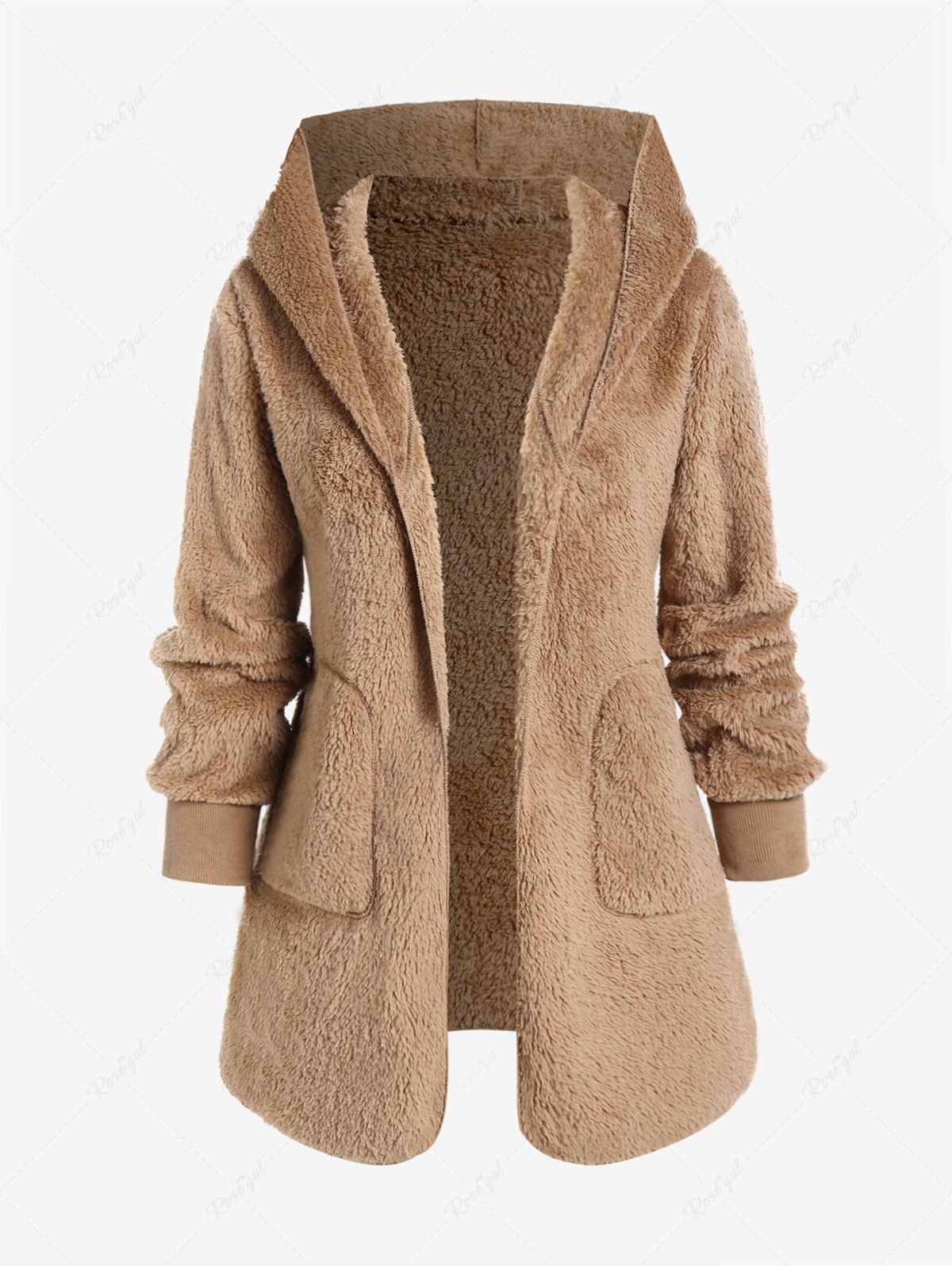 Hot Plus Size Open Front Hooded Faux Fur Fluffy Coat  