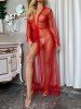 Solid Color See Thru Lace Self Belted Poet Sleeve Lingerie Top -  