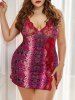 Plus Size Snakes Skin Printed Lace Panel Split Backless Babydoll -  