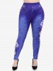 Plus Size 3D Lace Up Denim Rose Print Skinny Jeggings -  