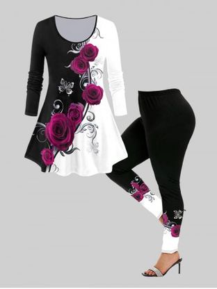 3D Rose Printed Colorblock Tee and Leggings Plus Size Outfit