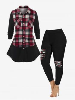 Pockets Button Up Plaid Shirt and 3D Ripped Print Leggings Plus Size Outfit - BLACK