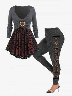 Halloween Heart Ring Crossover Bat Mesh Panel Tee and High Waist 3D Bowknot Lace Print Leggings Outfit - DARK GRAY