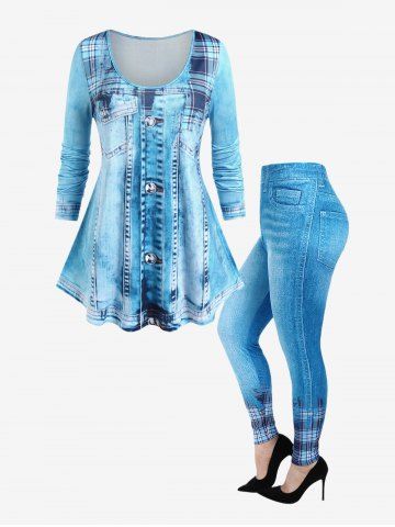 3D Denim T-shirt and Plaid Skinny Jeggings Plus Size Outfit - LIGHT BLUE
