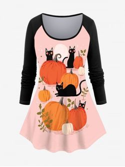 Raglan Sleeve Pumpkin Cat Print Halloween T-shirt - LIGHT PINK - M | US 10