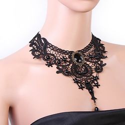 Gothic Steampunk Victorian Vintage Faux Crystal Decor Lace Choker Necklace - BLACK