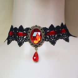 Gothic Vintage Faux Crystal Decor Lace Choker - RED