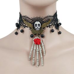 Collier Ras-du-Cou D'Halloween Vintage Crâne en Dentelle - BLACK