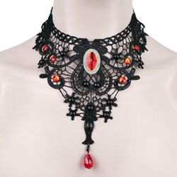 Vintage Gothic Lace Faux Ruby Decor Choker Necklace - BLACK