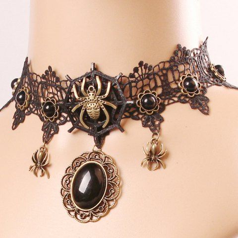 Halloween Vintage Lace Spider Choker Necklace - BLACK