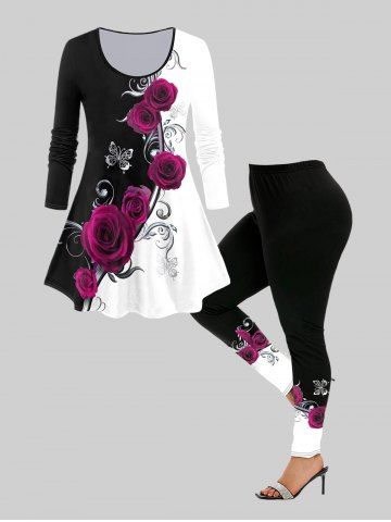 3D Rose Printed Colorblock Tee and Leggings Plus Size Outfit - BLACK