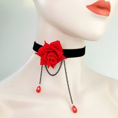 Vintage Rose Decor Pendant Choker Necklace - RED