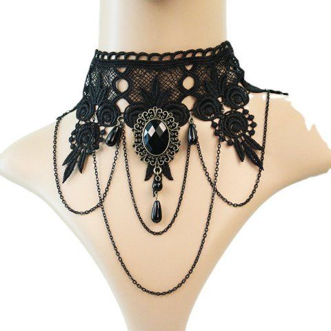Gothic Vintage Faux Crystal Chain Decor Lace Choker Necklace - BLACK