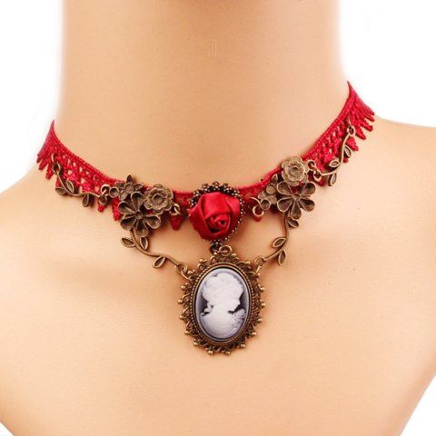 Gothic Vintage Emboss Pendant Lace Choker Necklace - RED