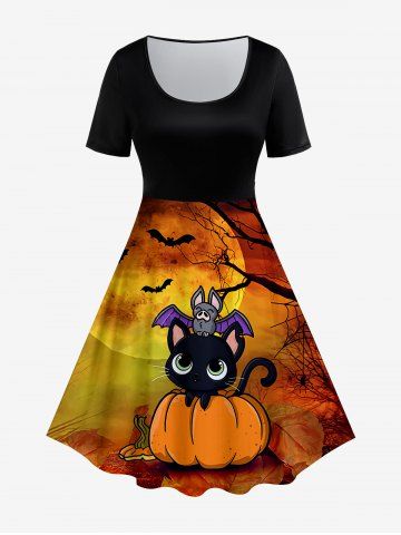 Halloween Pumpkin Moon Cat Print Flare Dress - ORANGE - 1X | US 14-16