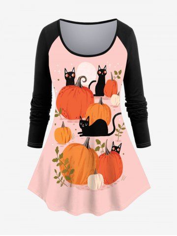 Raglan Sleeve Pumpkin Cat Print Halloween T-shirt - LIGHT PINK - 4X | US 26-28