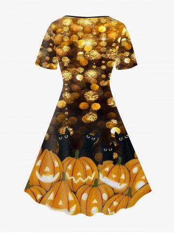 Halloween Pumpkin Cat Print Vintage A Line Dress