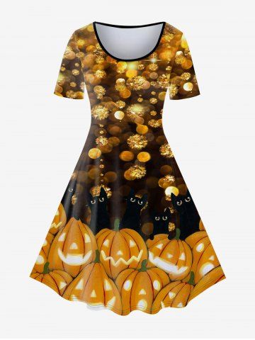 Halloween Pumpkin Cat Print Vintage A Line Dress - ORANGE - 1X | US 14-16