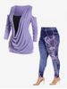 Ensemble de T-shirt 3D Fleuri à Epaule Dénudée et Jegging de Gym à Taille Haute de Grande Taille - Violet clair 