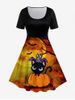 Halloween Pumpkin Moon Cat Print Flare Dress -  