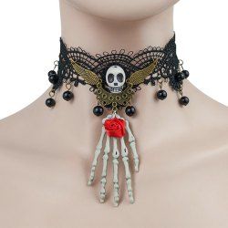 Collier Ras-du-Cou D'Halloween Vintage Crâne en Dentelle - Noir 