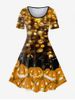 Halloween Pumpkin Cat Print Vintage A Line Dress -  