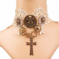 Steampunk Engine Gear Skull Cross Decor Lace Choker Necklace -  