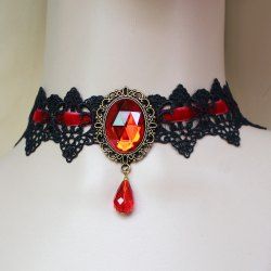 Collier Ras-de-Cou en Dentelle Décoré de Cristal Fantaisie Style Gothique Vintage - Rouge 