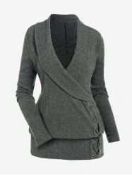 Plus Size Crisscross Lace-up Shawl Neck 2 in 1 Blouson Knitted Top -  