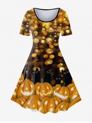 Robe D'Halloween Vintage Ligne A à Imprimé Citrouille et Chat - Orange 5x | US 30-32