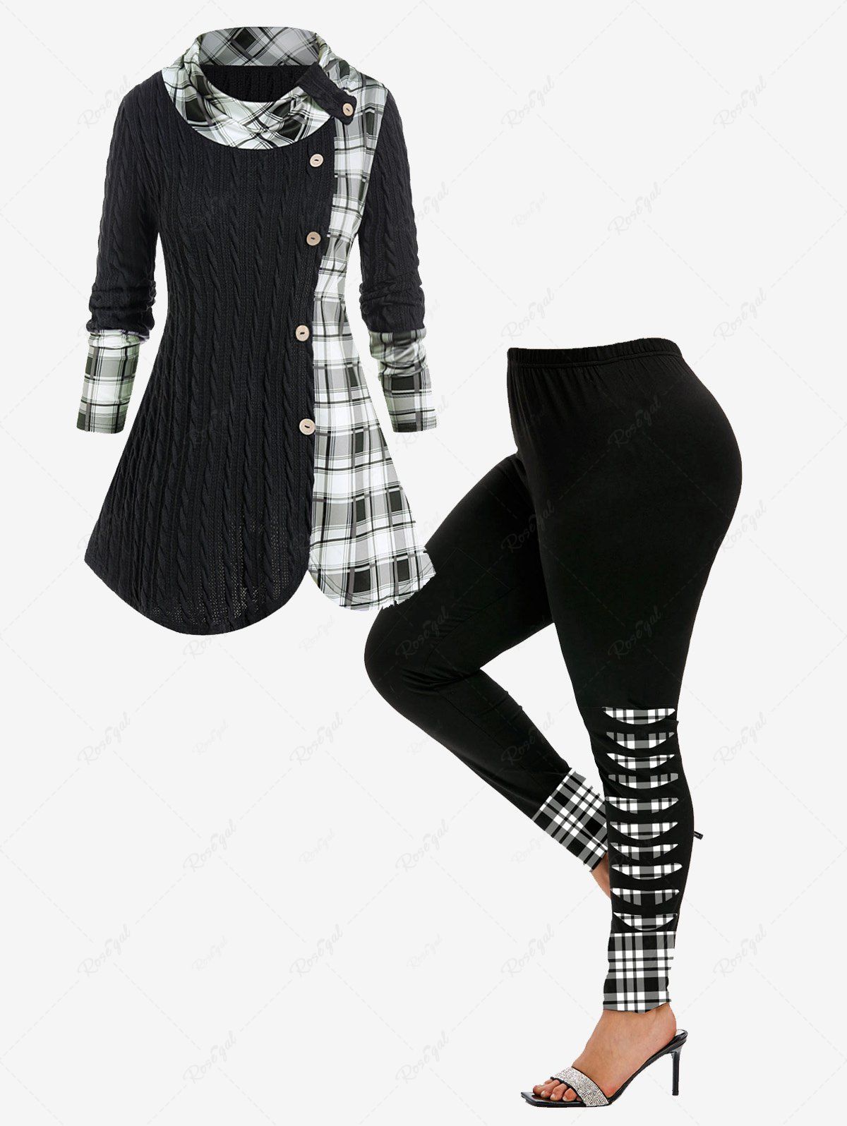 Fashion Cowl Neck Cable Knit Panel Plaid Tee and Plaid 3D Ripped Print Skinny Leggings Plus Size Fall Outfit  