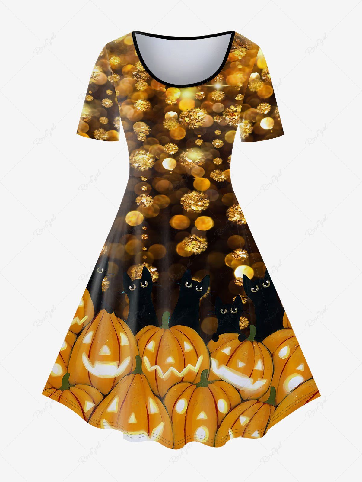 Robe D'Halloween Vintage Ligne A à Imprimé Citrouille et Chat Orange 