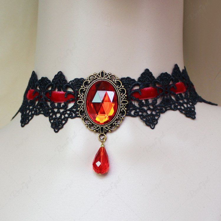 Collier Ras-de-Cou en Dentelle Décoré de Cristal Fantaisie Style Gothique Vintage Rouge 