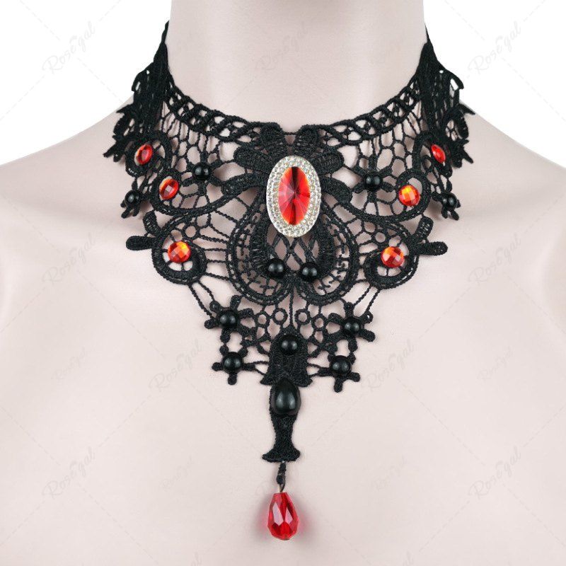 Fancy Vintage Gothic Lace Faux Ruby Decor Choker Necklace  