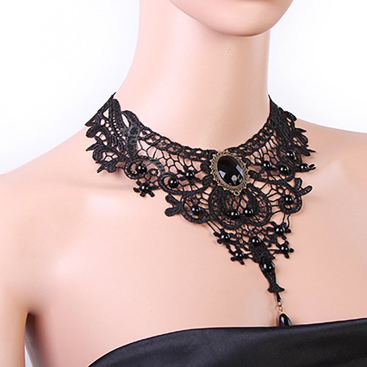 Store Gothic Steampunk Victorian Vintage Faux Crystal Decor Lace Choker Necklace  