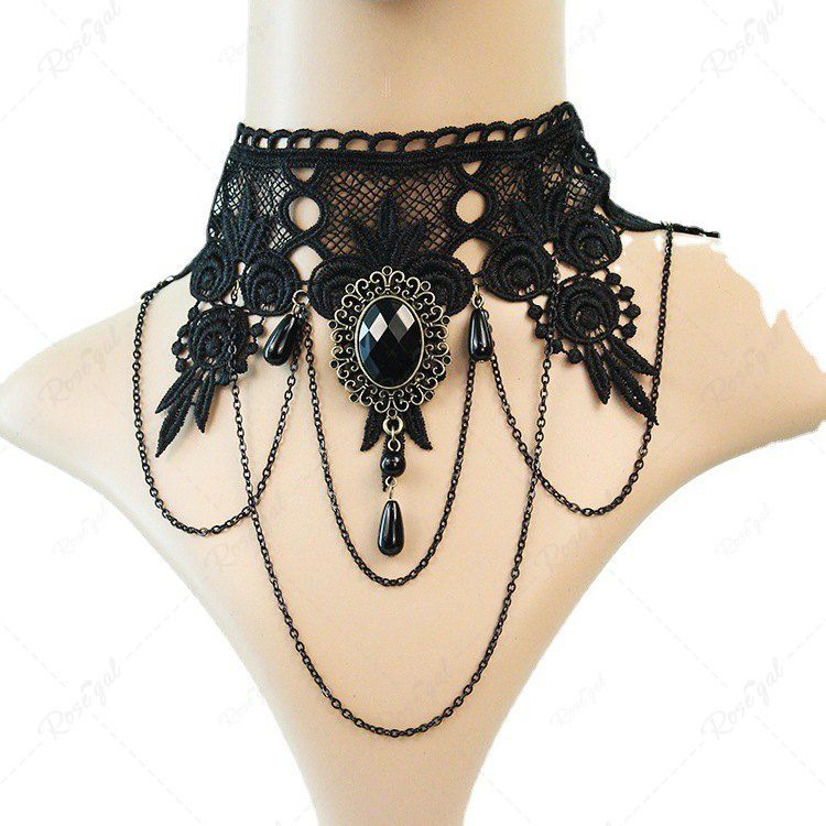 Online Gothic Vintage Faux Crystal Chain Decor Lace Choker Necklace  