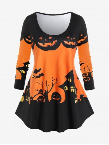 Halloween Pumpkin Castle Print Long Sleeves Tee - ORANGE - 1X | US 14-16