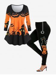 Halloween Pumpkin Castle Print Tee and Cat Spider Print Leggings Outfit -  