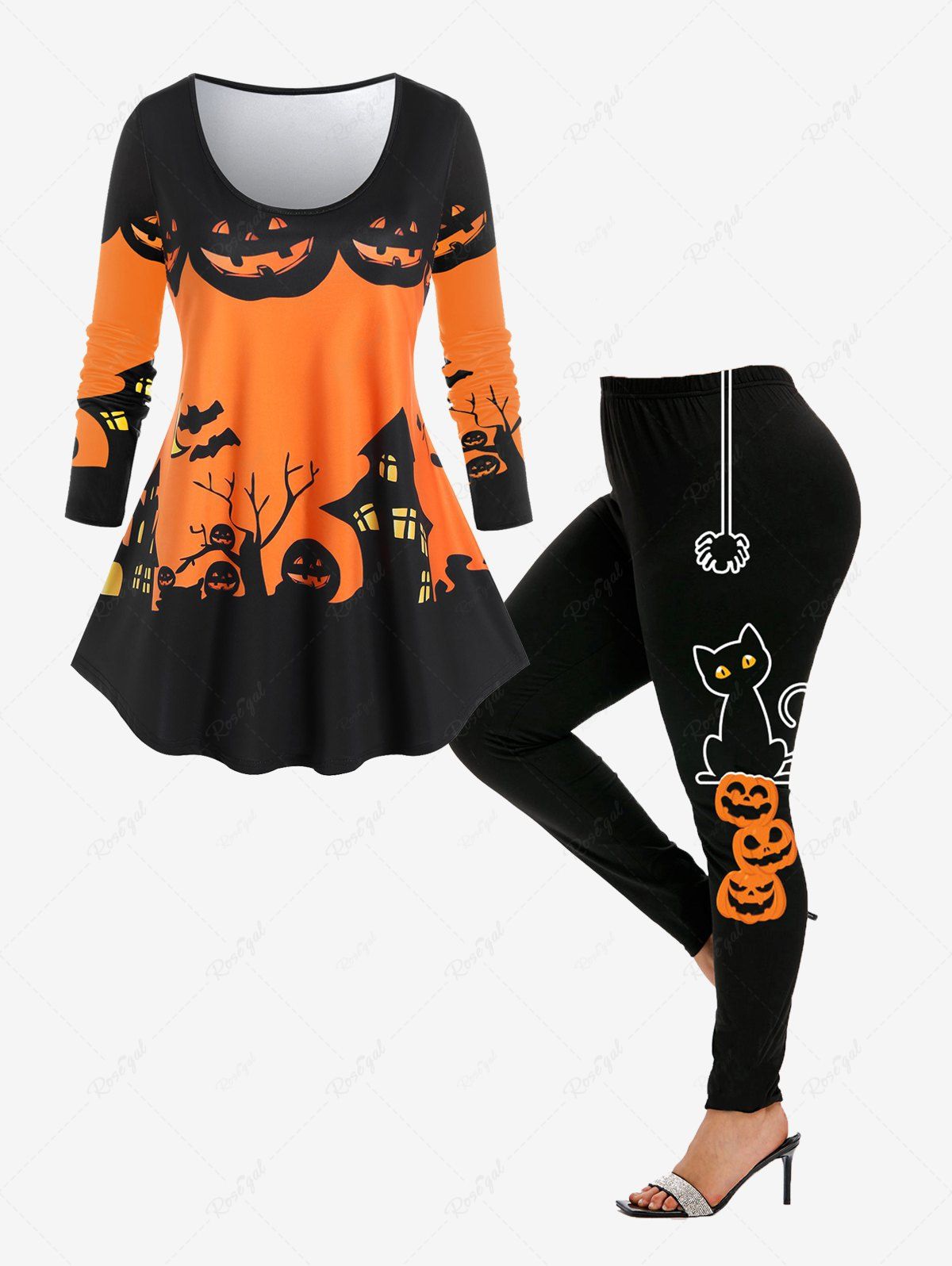 New Halloween Pumpkin Castle Print Tee and Cat Spider Print Leggings Outfit  
