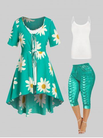 Floral High Low Blouse with Camisole Set and 3D Capri Leggings Plus Size Outfit