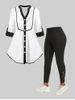 Colorblock Roll Up Sleeve Shirt and O Ring Cutout Leggings Plus Size Fall Outfit -  