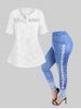 Plus Size Broderie Anglaise Blouse and 3D Denim Print Skinny Jeggings Fall Outfit -  