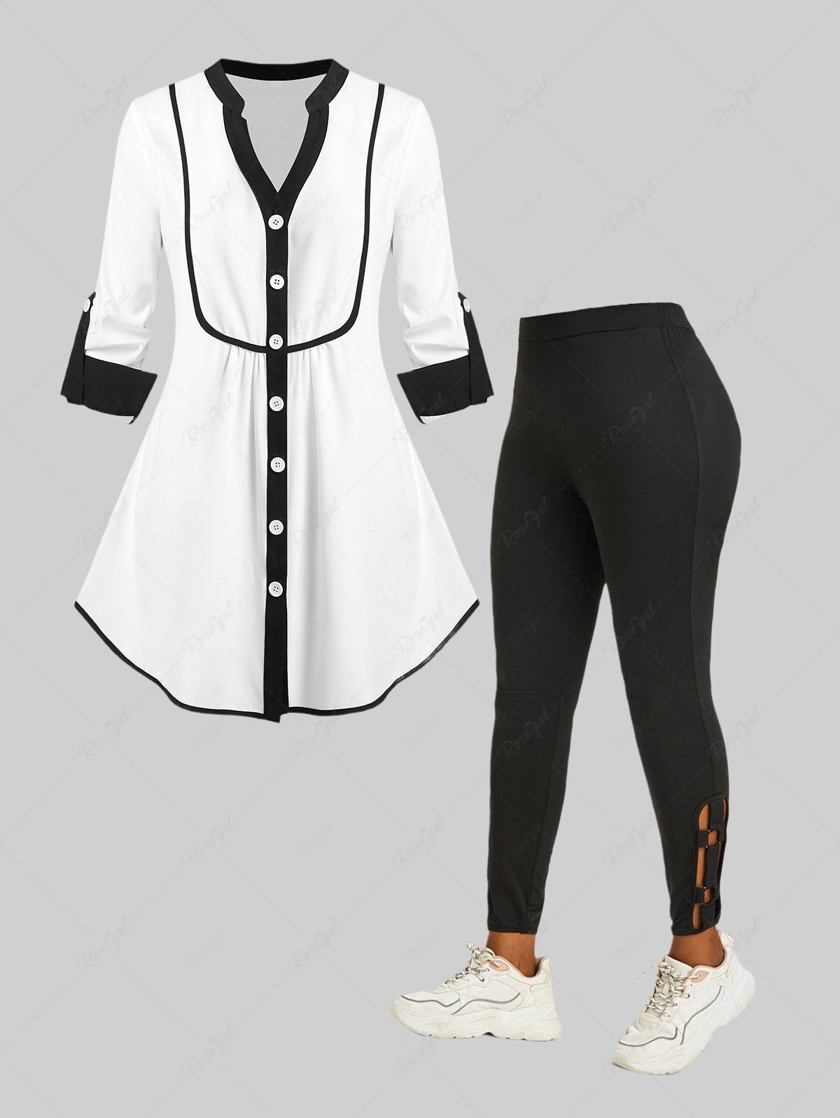 Store Colorblock Roll Up Sleeve Shirt and O Ring Cutout Leggings Plus Size Fall Outfit  