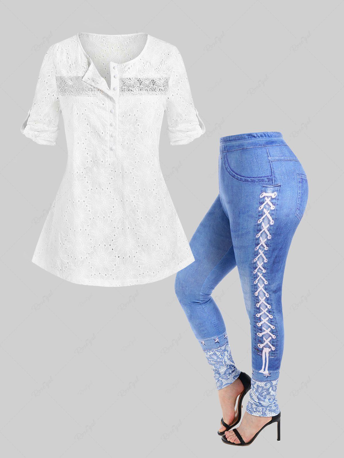 Sale Plus Size Broderie Anglaise Blouse and 3D Denim Print Skinny Jeggings Fall Outfit  