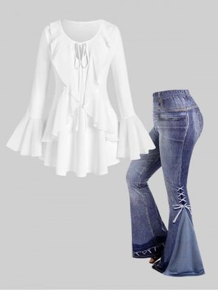 Flare Sleeves Flounce Tie Blouse and 3D Jeans Lace-up Pattern Flare Pants Plus Size Outfit